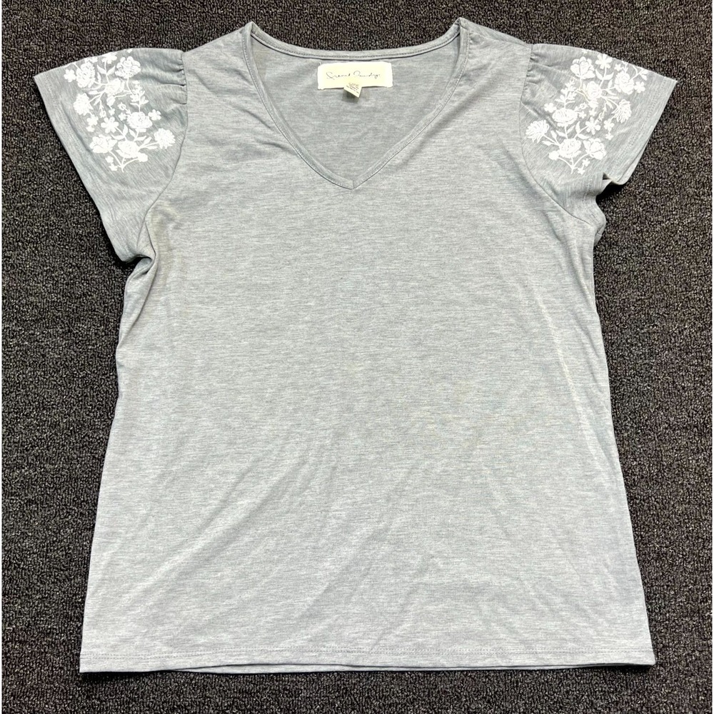 French Laundry T-Shirt Women Small Gray Floral Embroidered Flutter Sleeve V-Neck